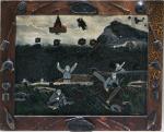 A dark painting of jubilant soldiers framed in a wooden frame with symbols of war attached'